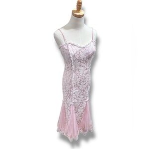 Vintage New Leaf by Samir Pink and White Lace Tulle Coquette French Midi Dress